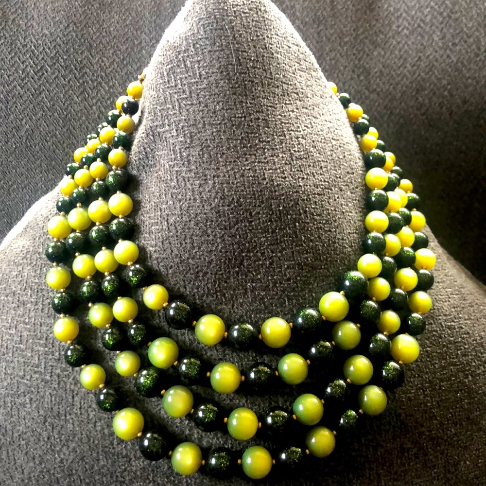 4 Strand 2 Tone Green Beaded Necklace.
